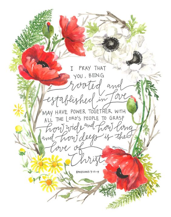 Floral wreath with scripture about love of Christ.